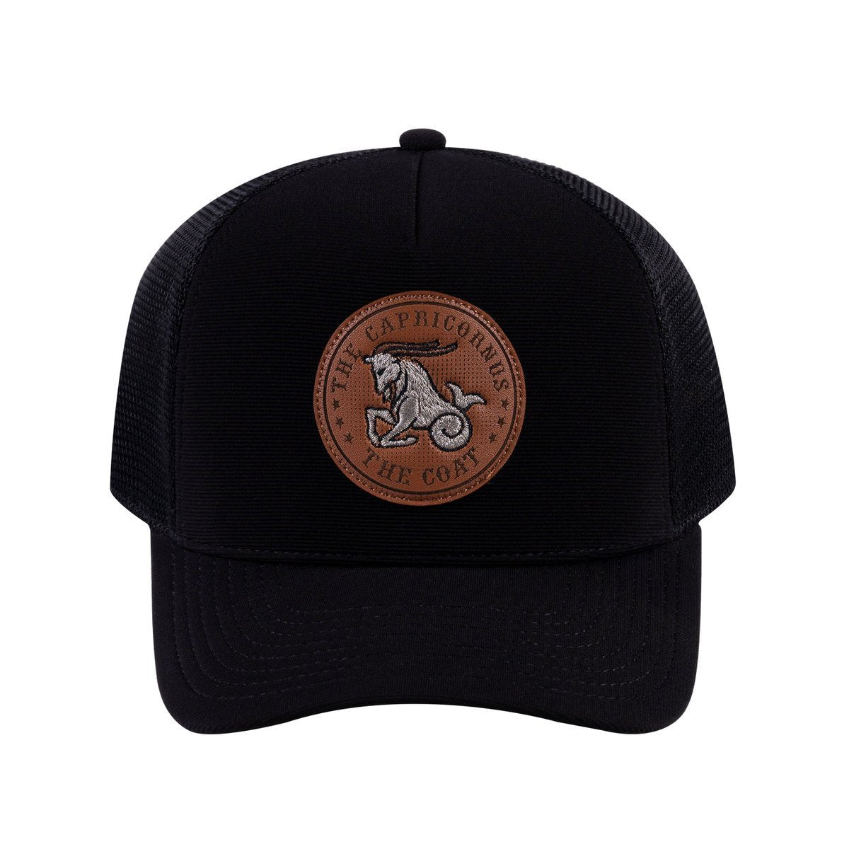 Capricorn Zodiac V2 5-Panel Trucker Hat with Black front and Black back