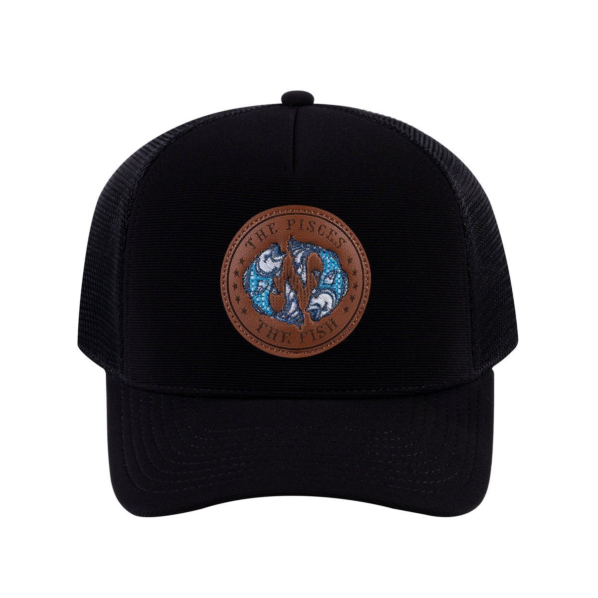 Pisces Zodiac V2 5-Panel Trucker Hat with Black front and Black back