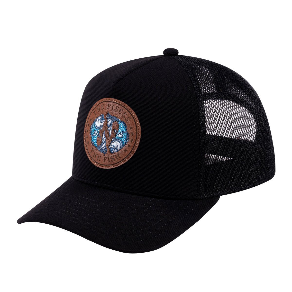 Pisces Zodiac V2 5-Panel Trucker Hat with Black front and Black back