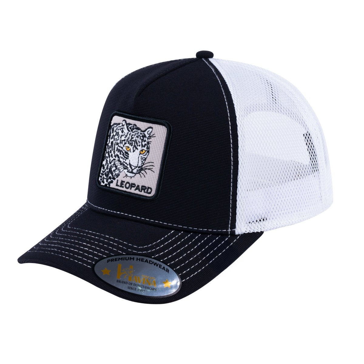 Leopard V2 5-Panel Trucker Hat with Black front and White back