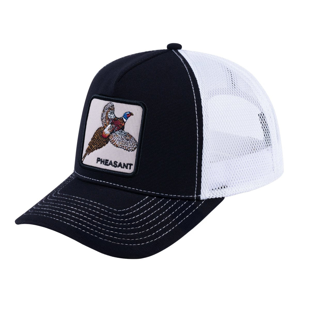 Pheasant V2 5-Panel Trucker Hat with Black front and White back
