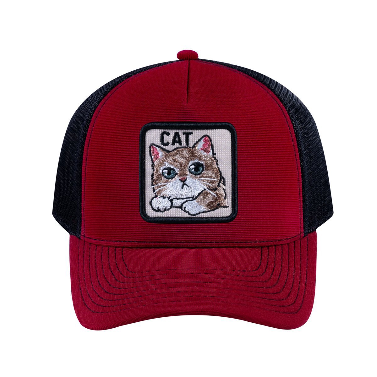 Cat V2 5-Panel Trucker Hat with Burgundy front and Black back