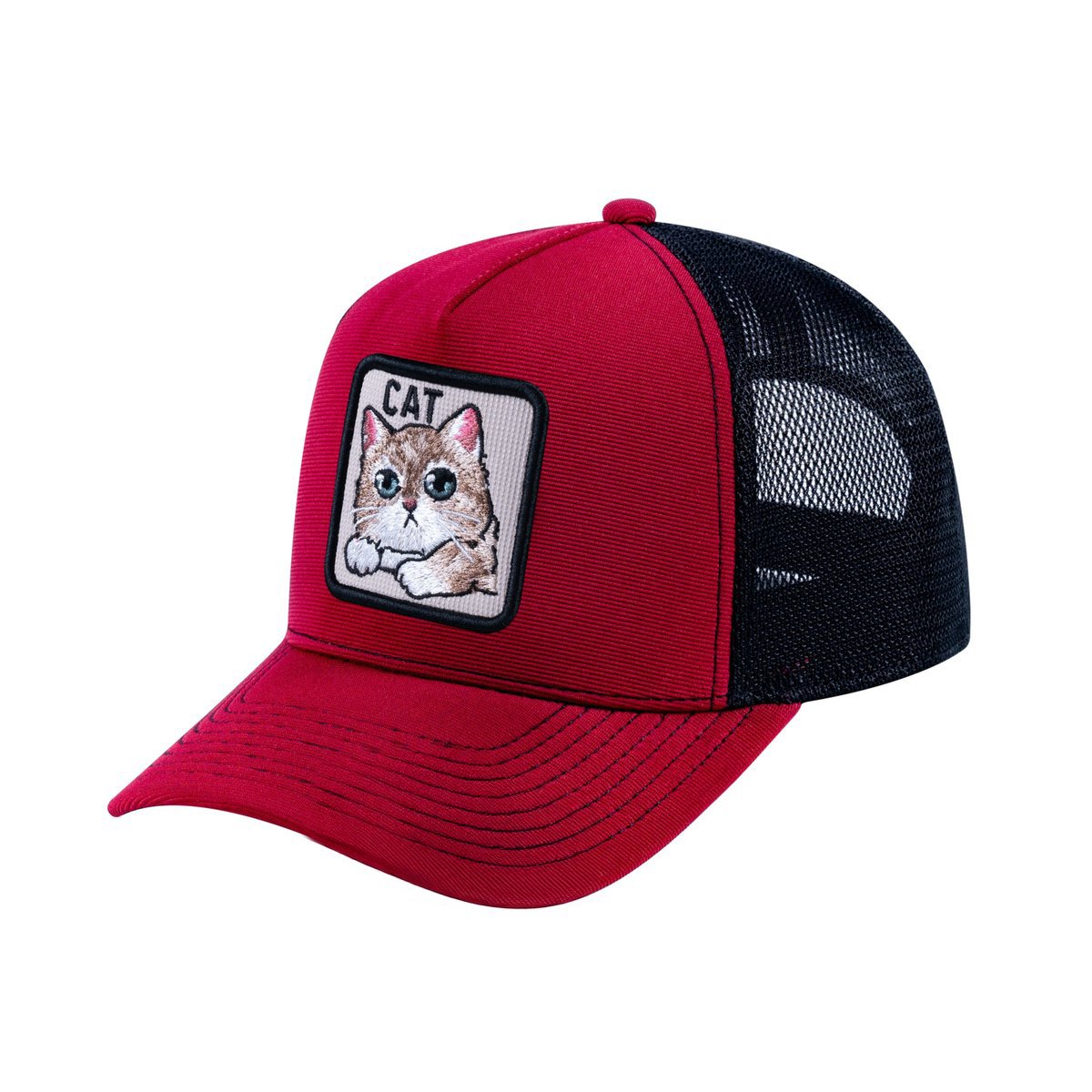 Cat V2 5-Panel Trucker Hat with Burgundy front and Black back