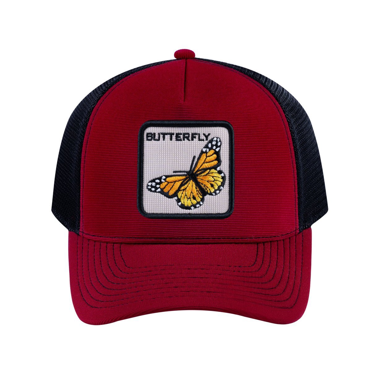 Butterfly V2 5-Panel Trucker Hat with Burgundy front and Black back