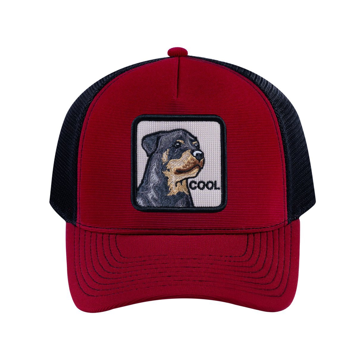 Dog V2 5-Panel Trucker Hat with Burgundy front and Black back