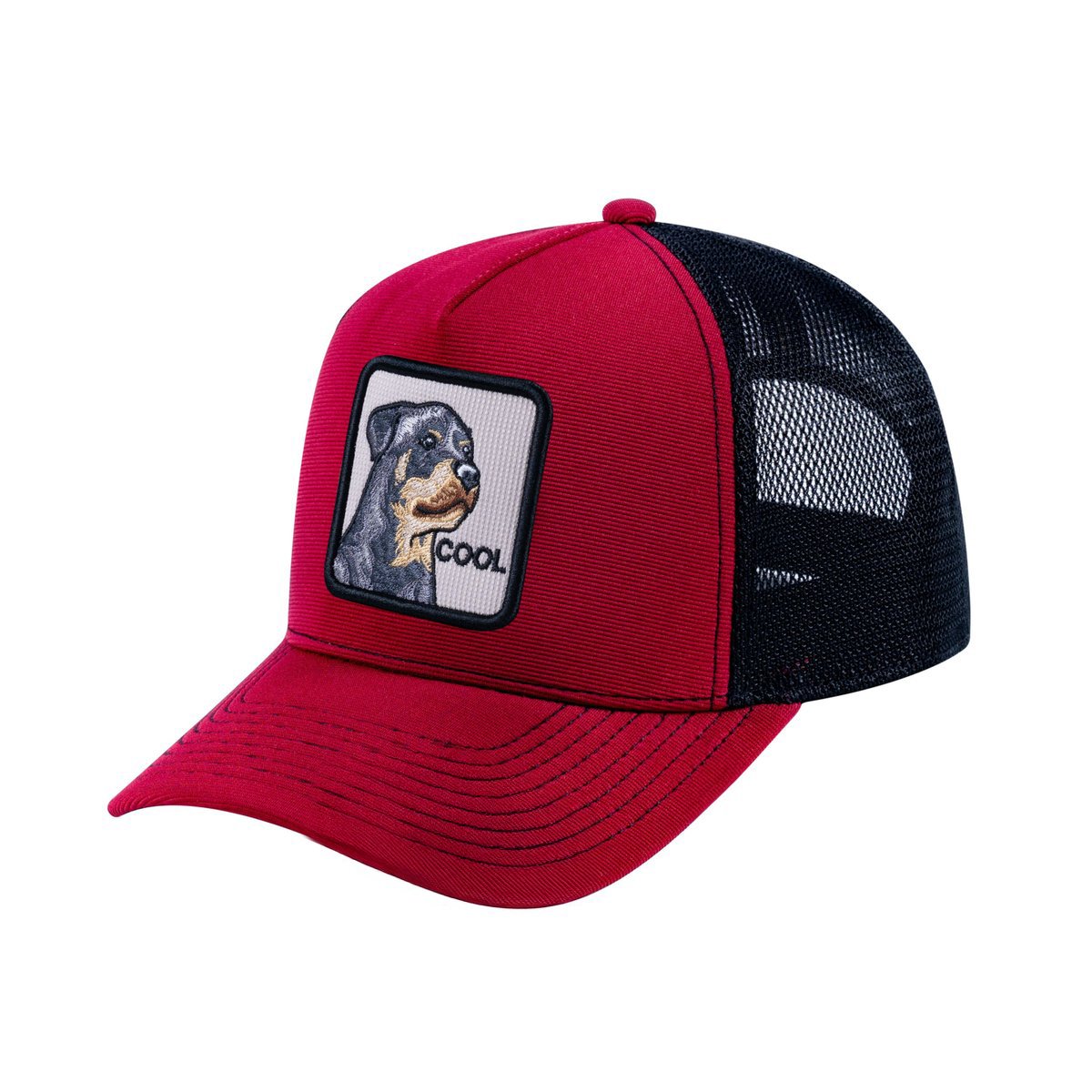 Dog V2 5-Panel Trucker Hat with Burgundy front and Black back