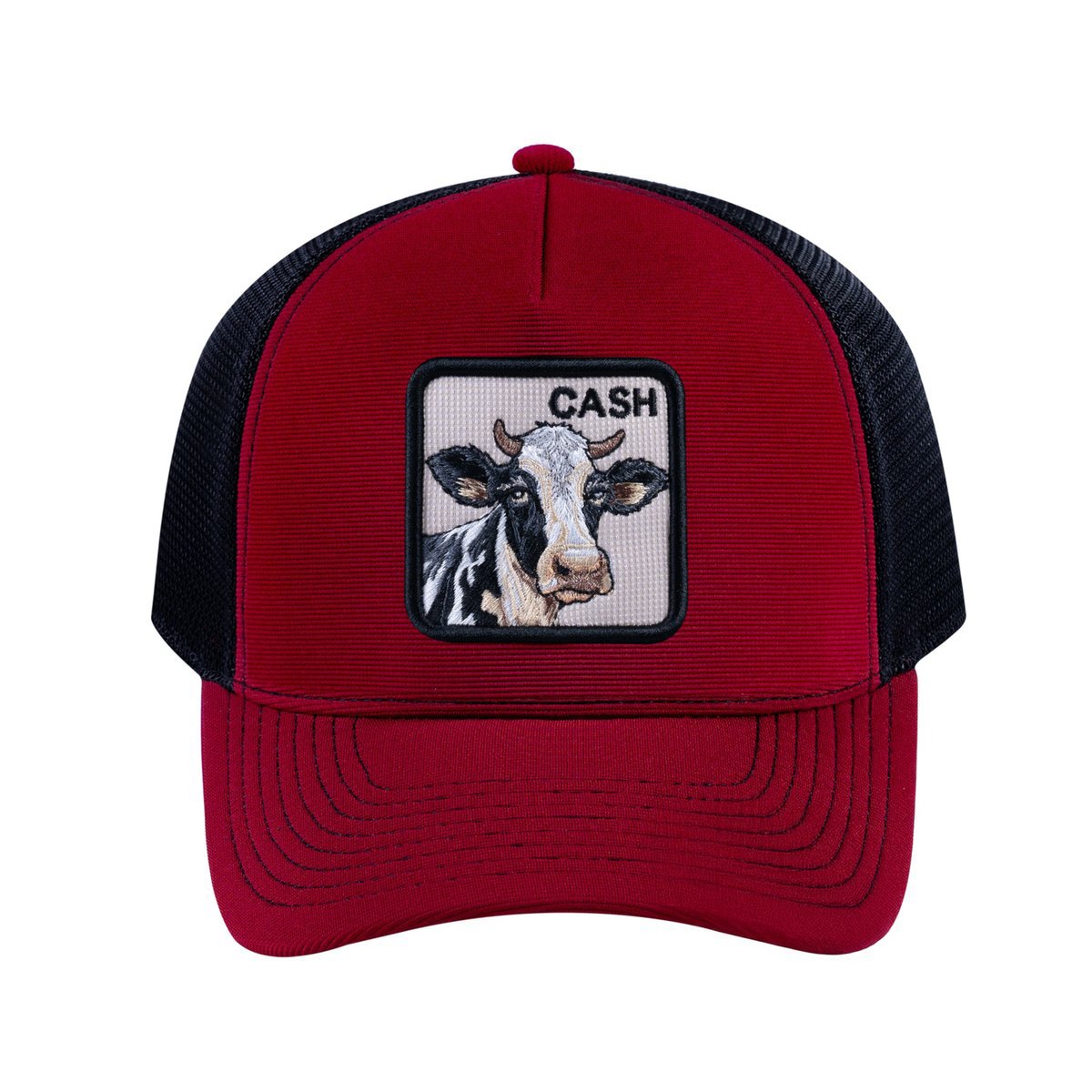 Cow V2 5-Panel Trucker Hat with Burgundy front and Black back