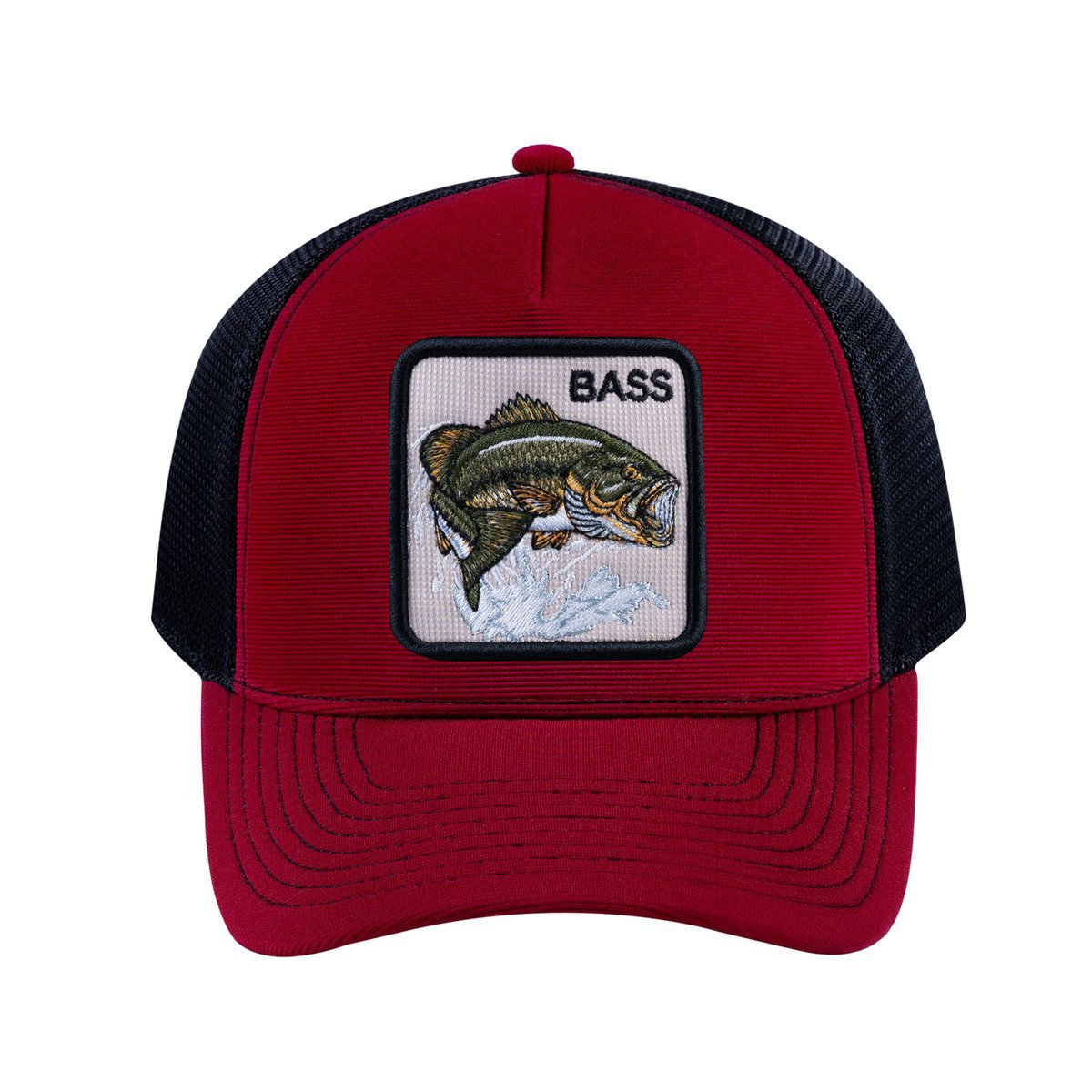 Bass V2 5-Panel Trucker Hat with Burgundy front and Black back