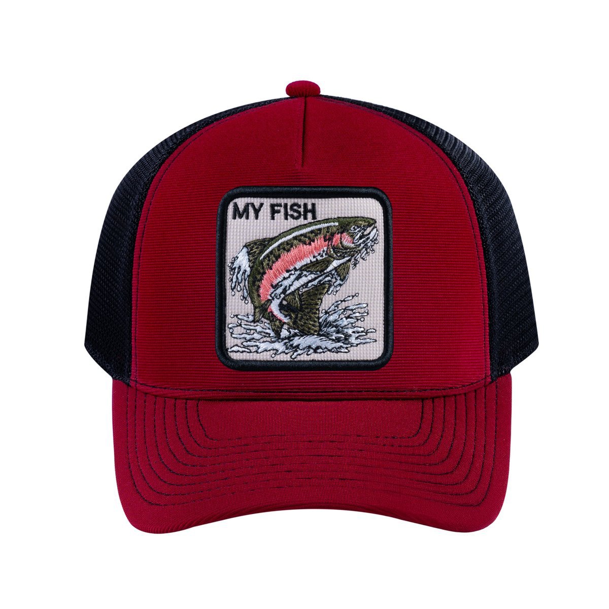 Salmon V2 5-Panel Trucker Hat with Burgundy front and Black back
