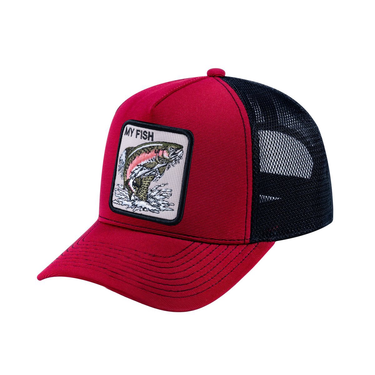 Salmon V2 5-Panel Trucker Hat with Burgundy front and Black back
