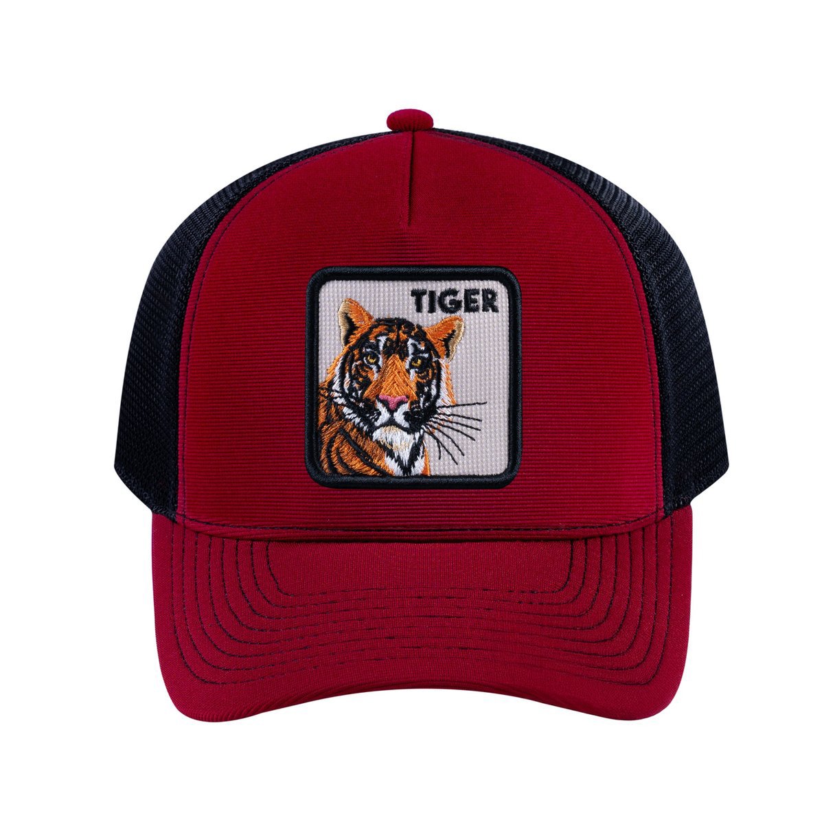 Tiger V2 5-Panel Trucker Hat with Burgundy front and Black back