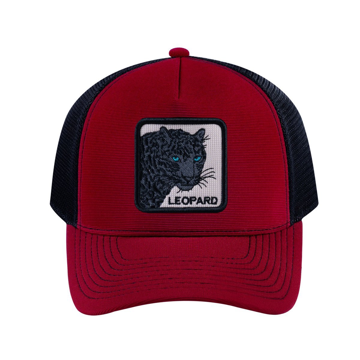 Leopard V2 5-Panel Trucker Hat with Burgundy front and Black back