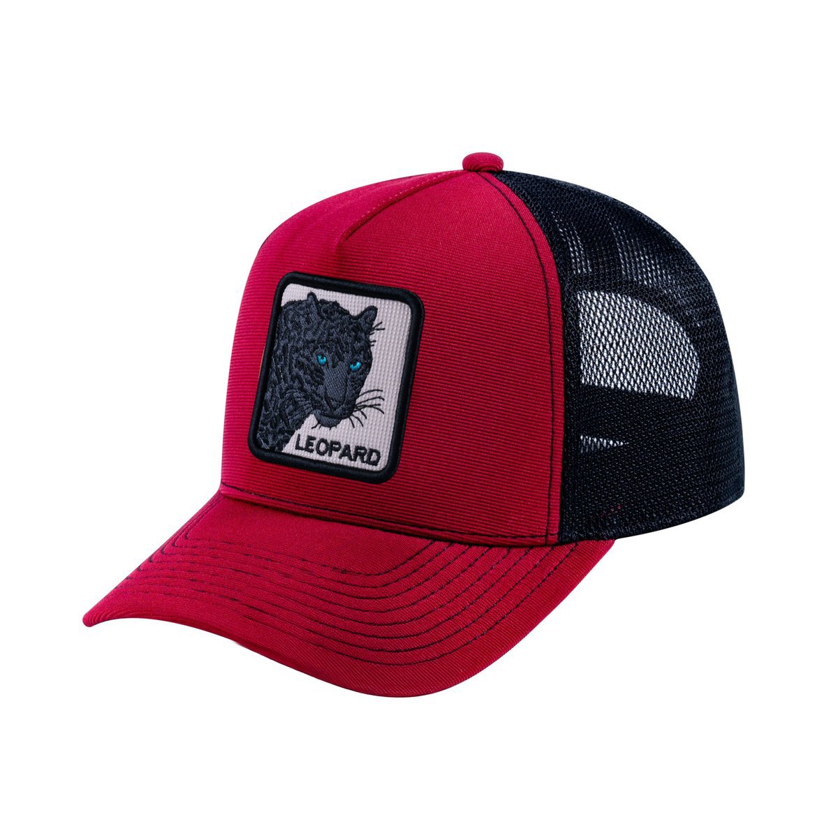 Leopard V2 5-Panel Trucker Hat with Burgundy front and Black back