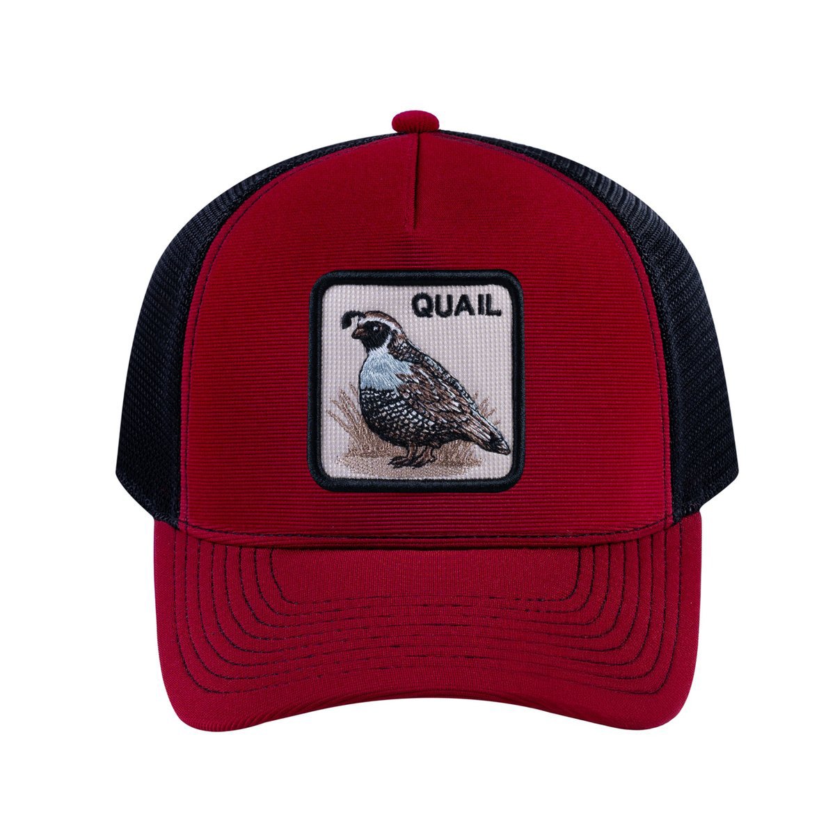 Quail V2 5-Panel Trucker Hat with Burgundy front and Black back