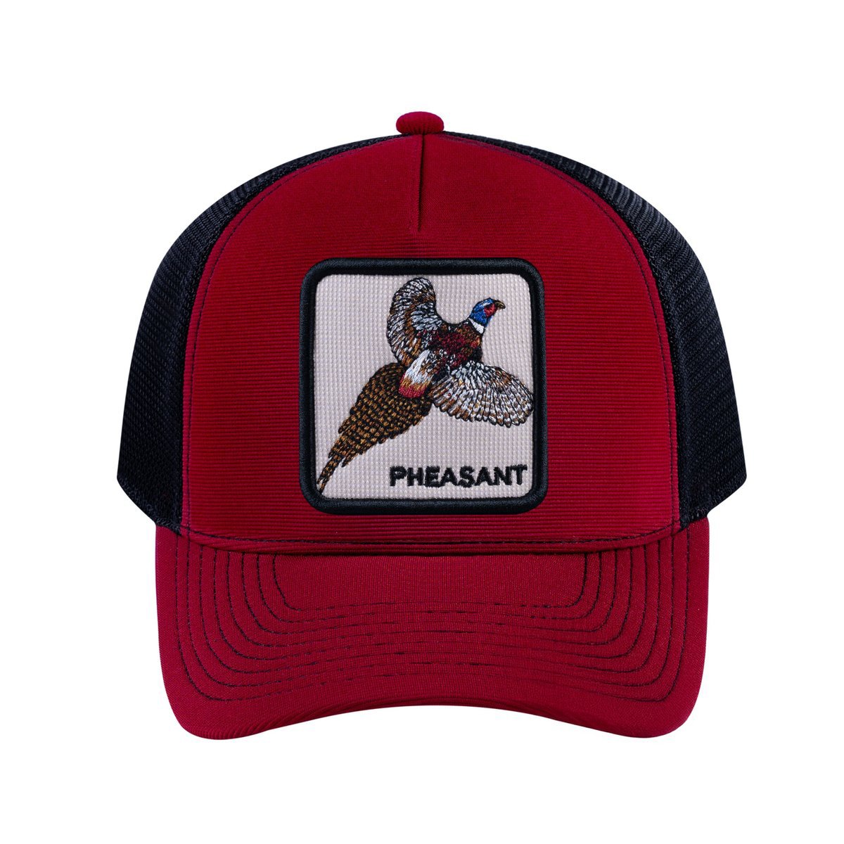 Pheasant V2 5-Panel Trucker Hat with Burgundy front and Black back