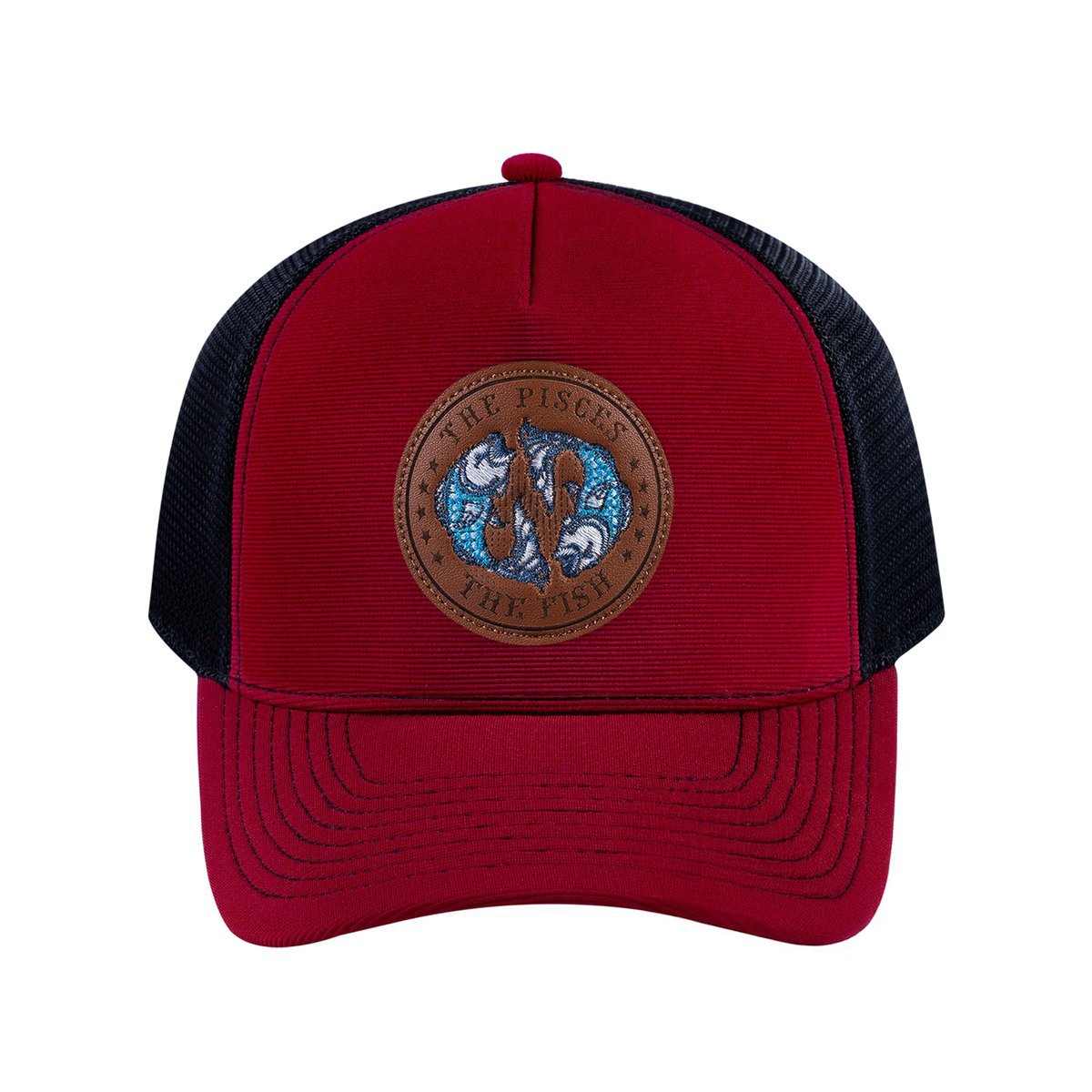 Pisces Zodiac V2 5-Panel Trucker Hat with Burgundy front and Black back
