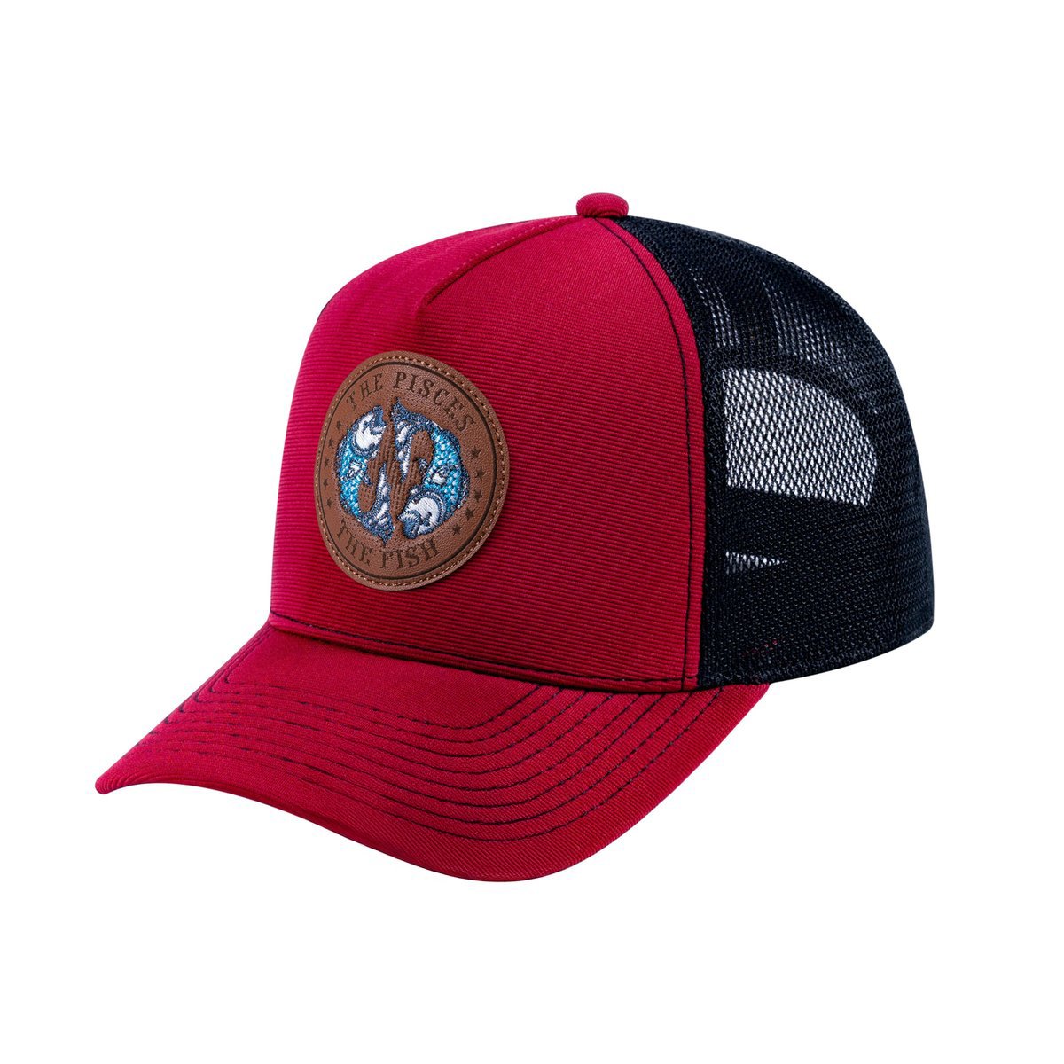 Pisces Zodiac V2 5-Panel Trucker Hat with Burgundy front and Black back