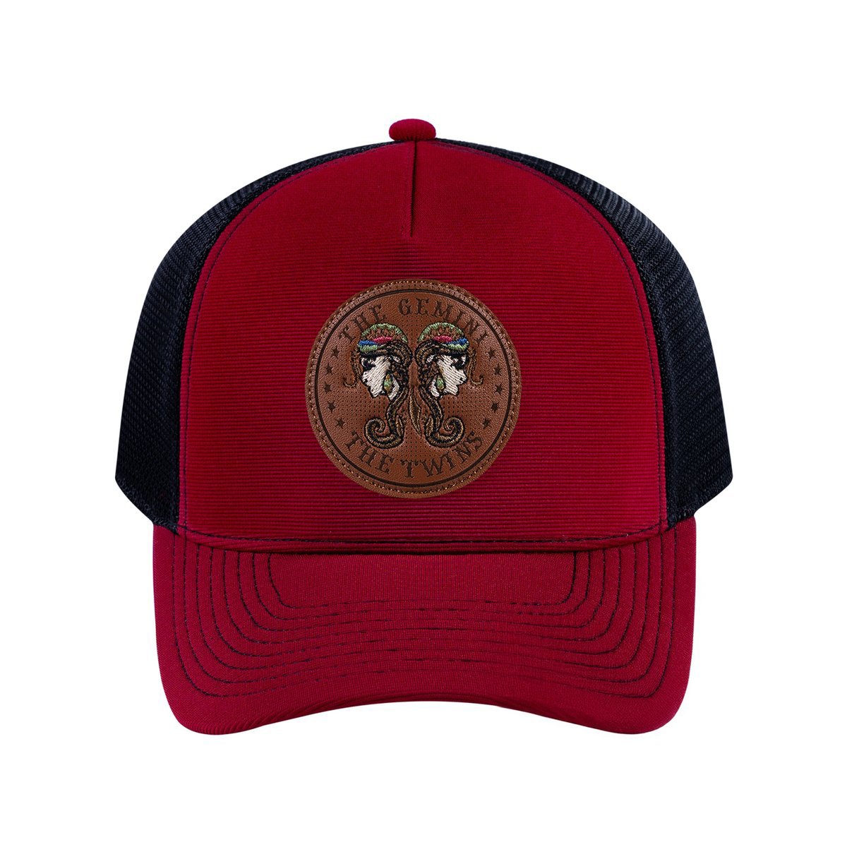 Gemini Zodiac V2 5-Panel Trucker Hat with Burgundy front and Black back