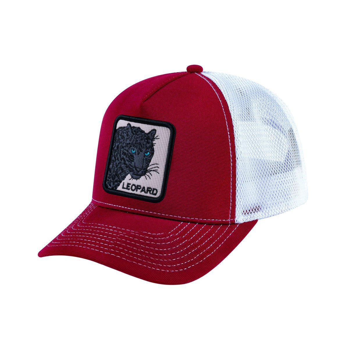 Leopard V2 5-Panel Trucker Hat with Burgundy front and White back