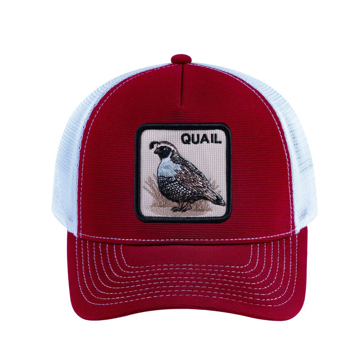 Quail V2 5-Panel Trucker Hat with Burgundy front and White back