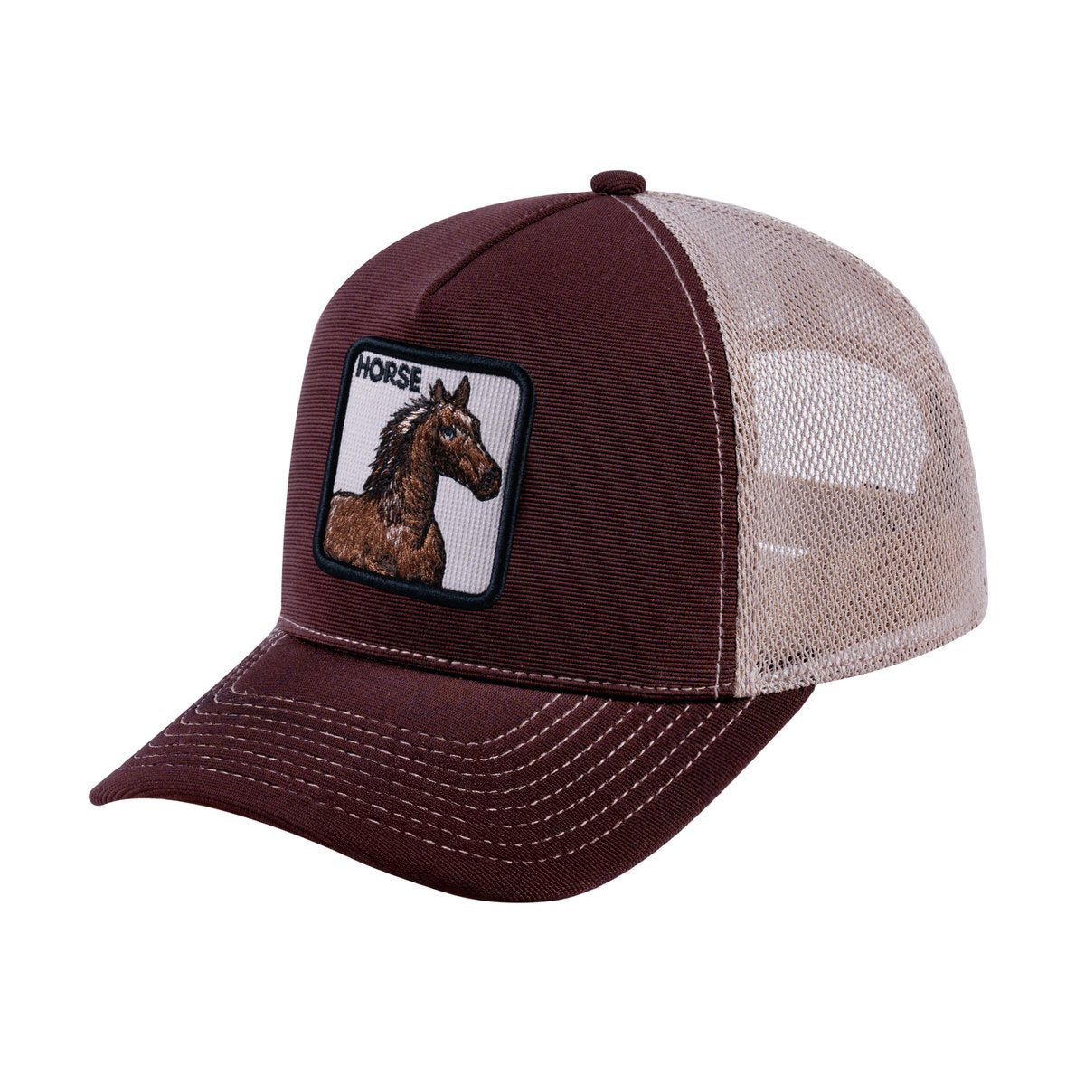 Horse V2 5-Panel Trucker Hat with Dark Brown front and Khaki back