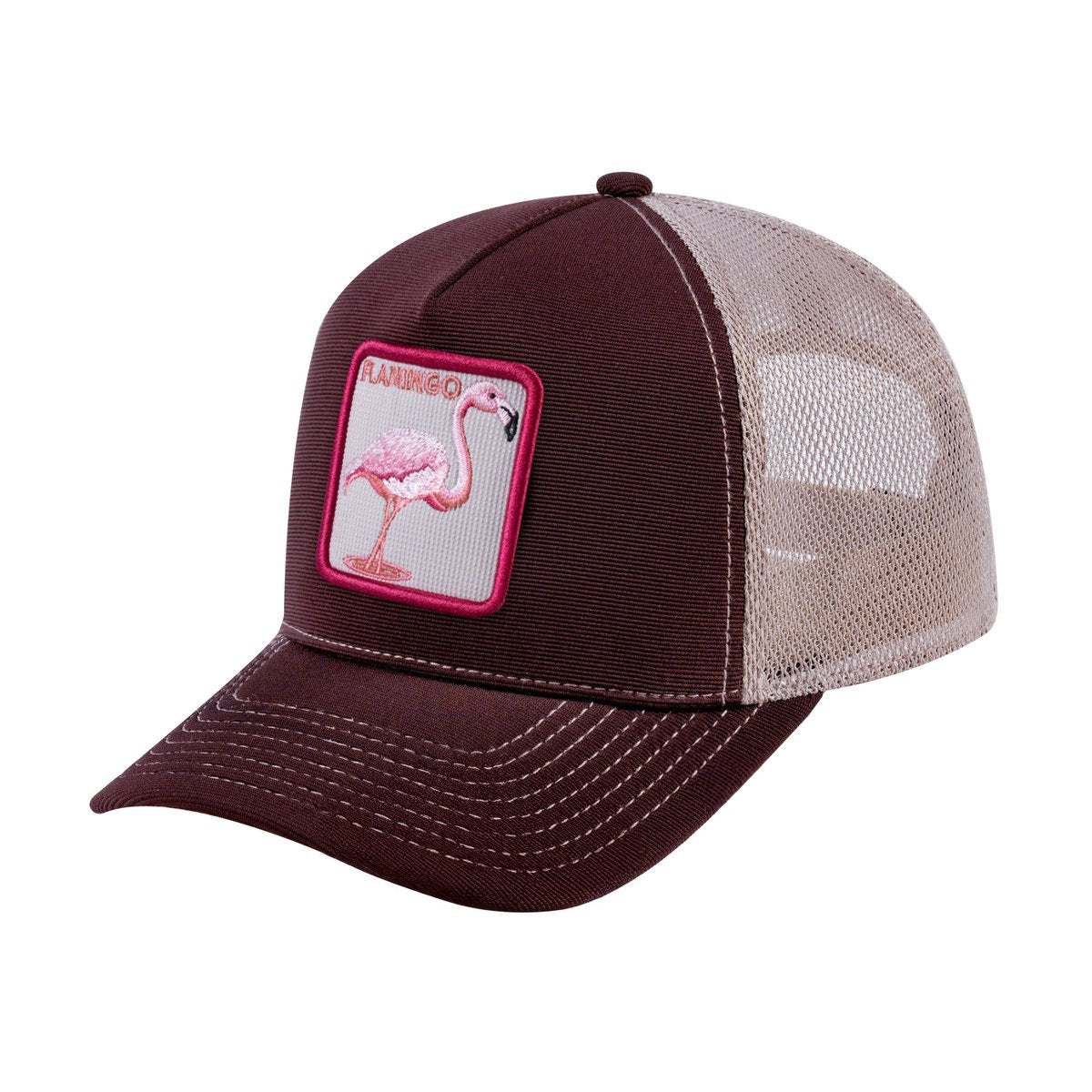 Flamingo V2 5-Panel Trucker Hat with Dark Brown front and Khaki back