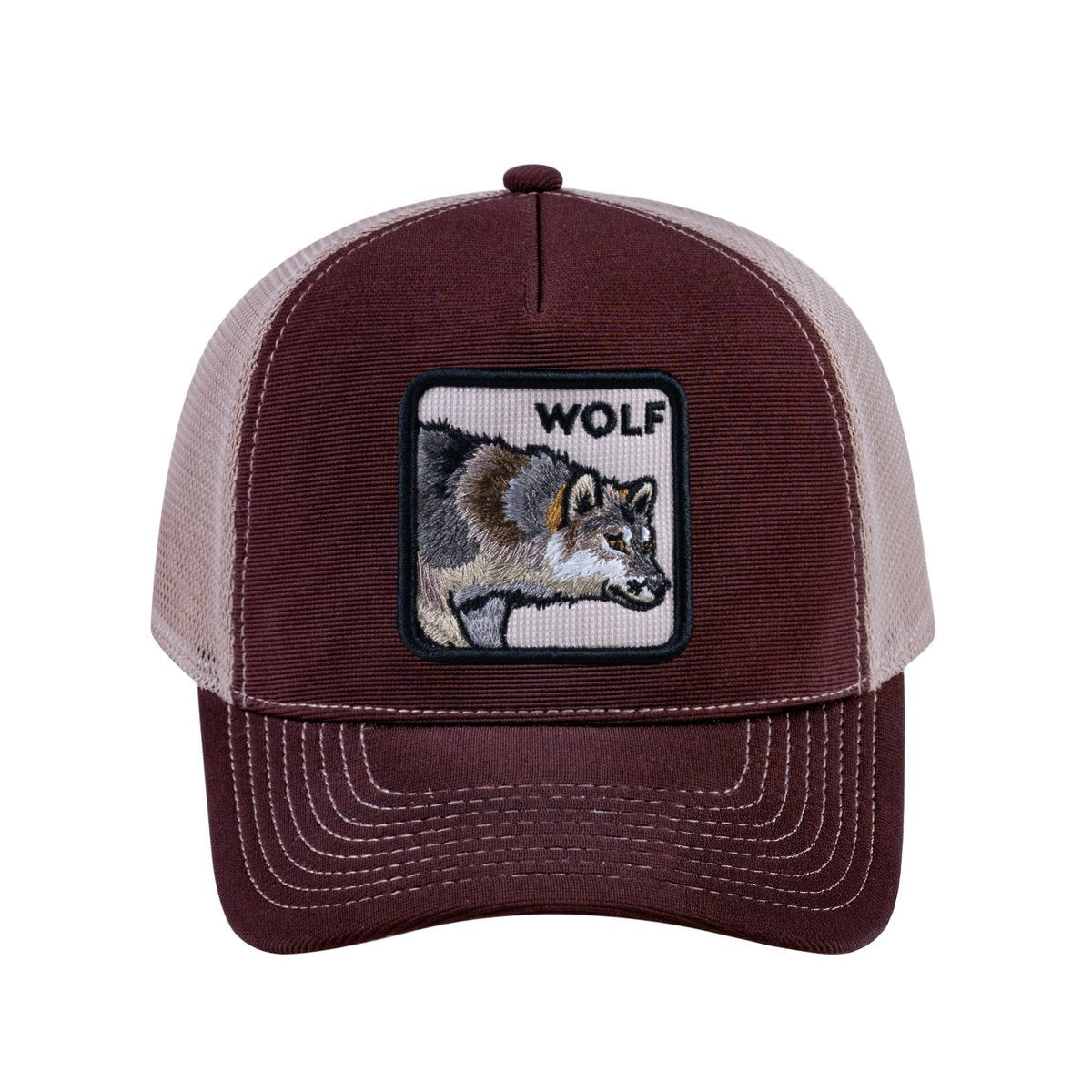 Wolf V2 5-Panel Trucker Hat with Dark Brown front and Khaki back