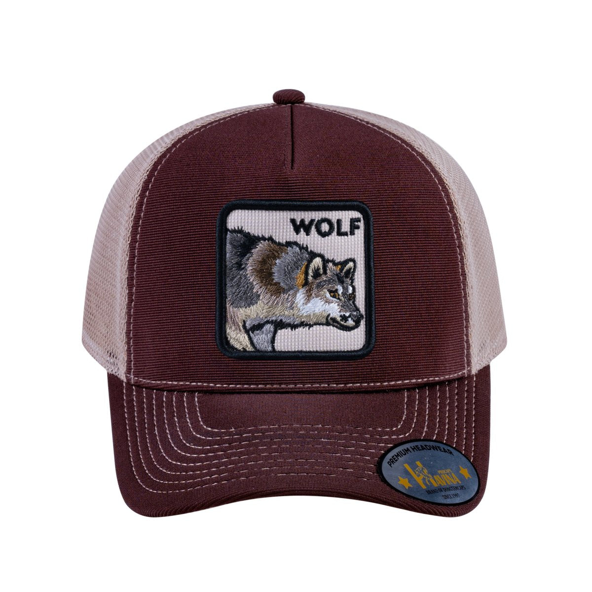 Wolf V2 5-Panel Trucker Hat with Dark Brown front and Khaki back