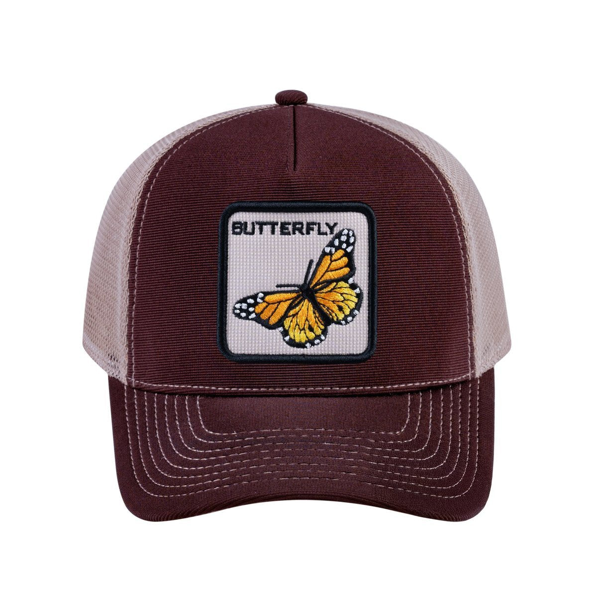 Butterfly V2 5-Panel Trucker Hat with Dark Brown front and Khaki back