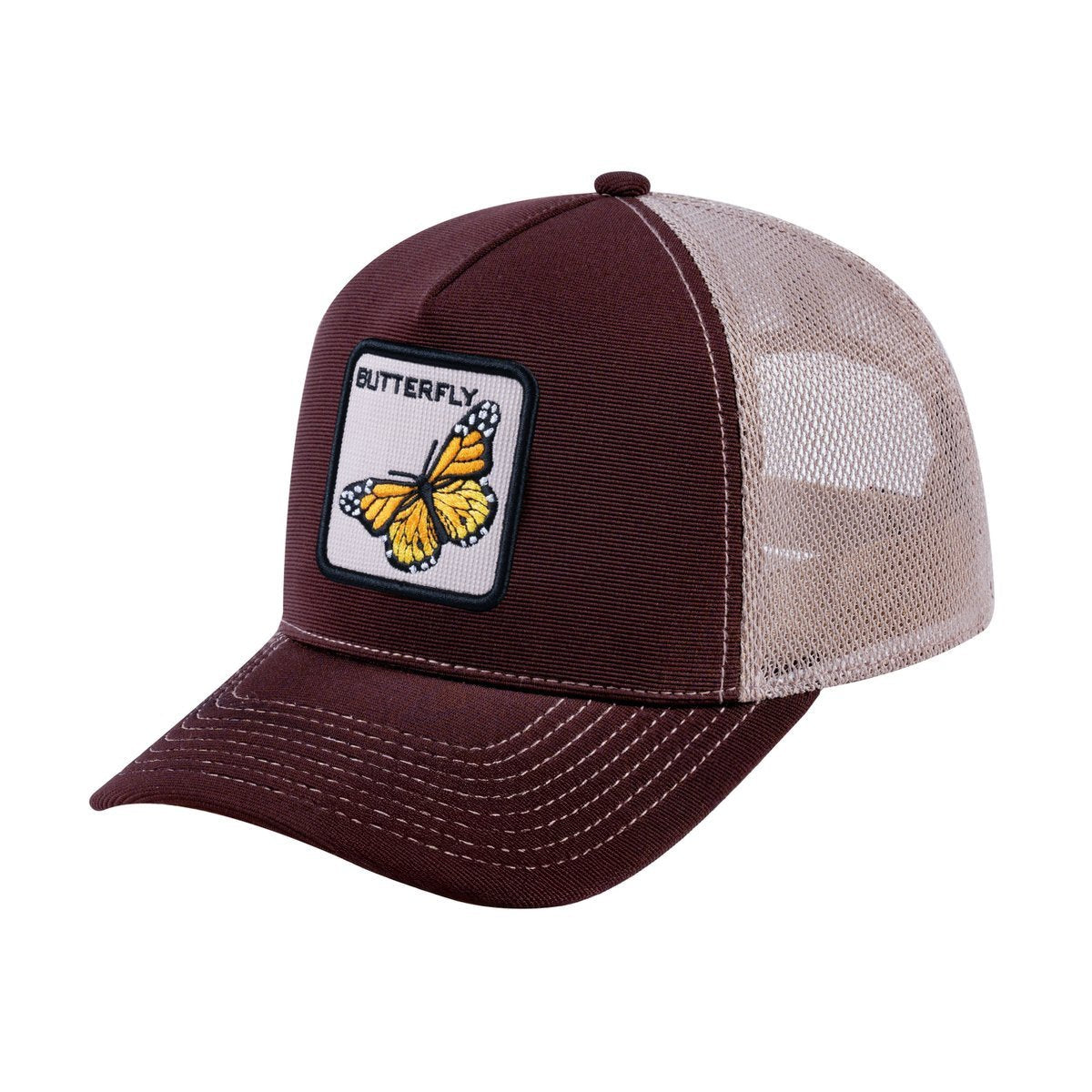 Butterfly V2 5-Panel Trucker Hat with Dark Brown front and Khaki back