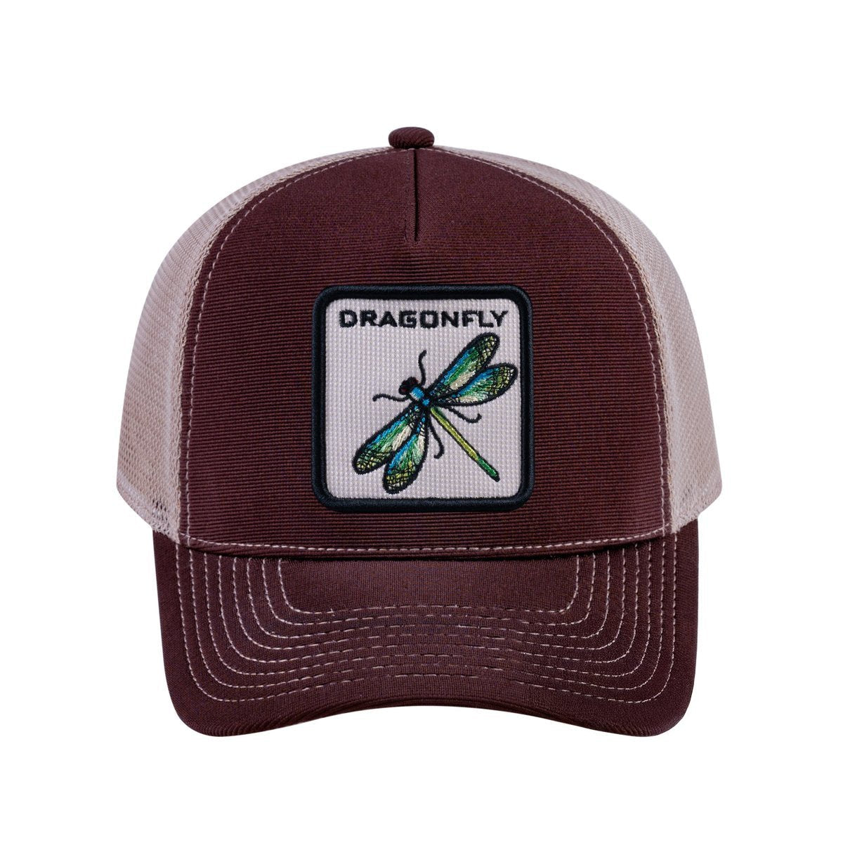 Dragonfly V2 5-Panel Trucker Hat with Dark Brown front and Khaki back