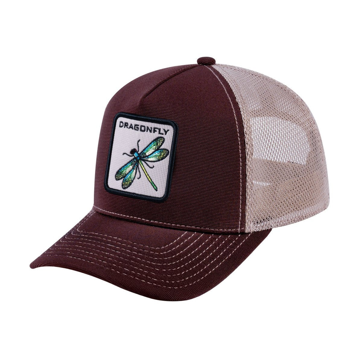 Dragonfly V2 5-Panel Trucker Hat with Dark Brown front and Khaki back