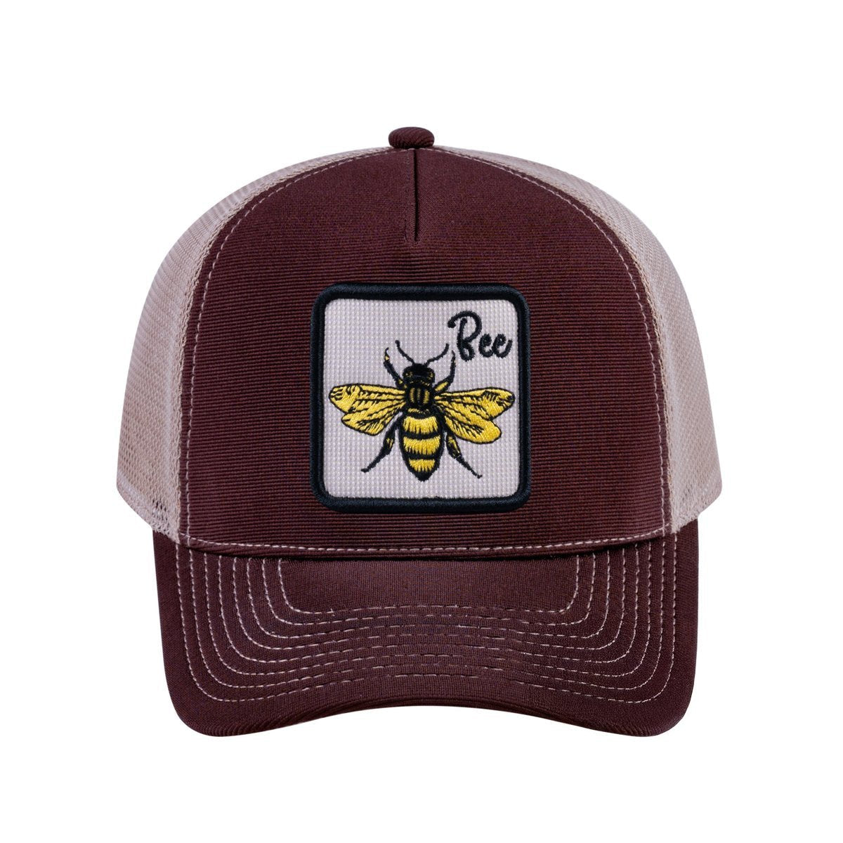 Bee V2 5-Panel Trucker Hat with Dark Brown front and Khaki back