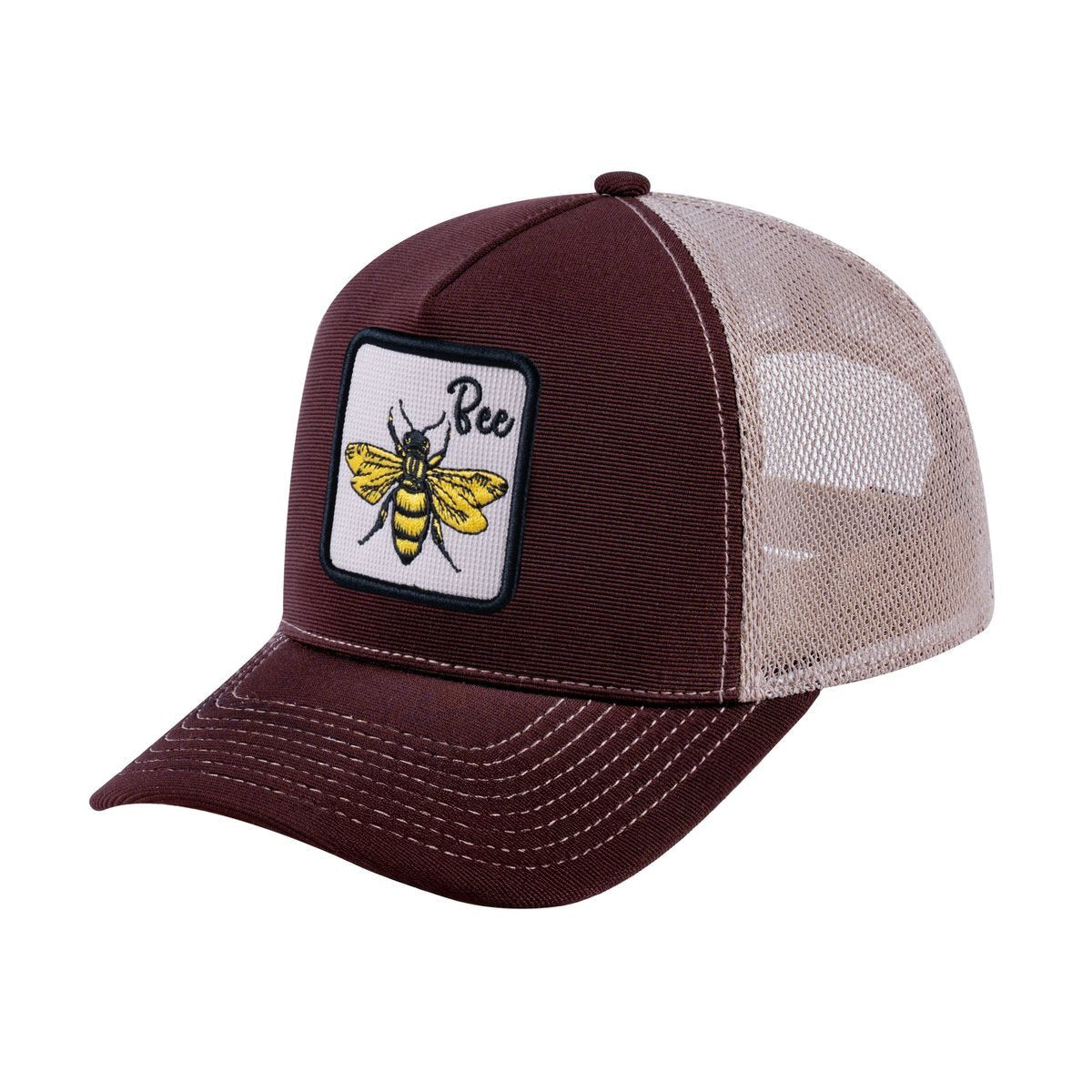 Bee V2 5-Panel Trucker Hat with Dark Brown front and Khaki back