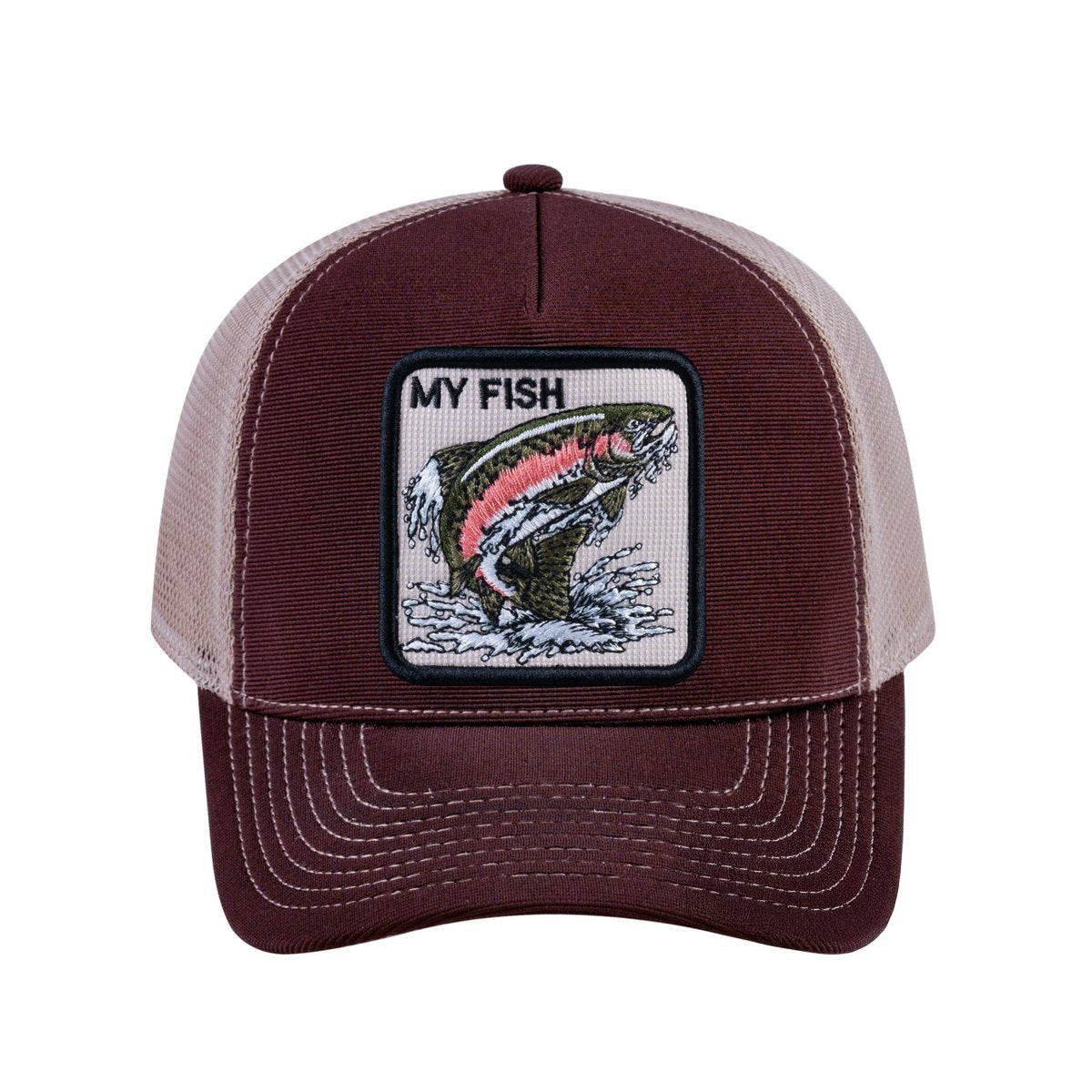 Salmon V2 5-Panel Trucker Hat with Dark Brown front and Khaki back