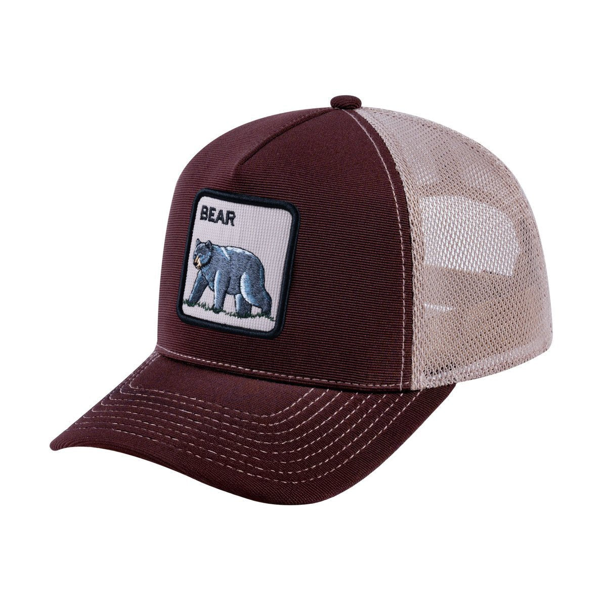 Bear V2 5-Panel Trucker Hat with Dark Brown front and Khaki back