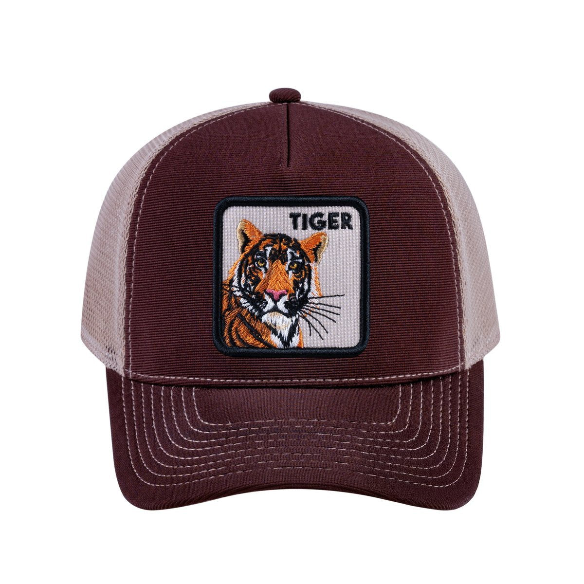 Tiger V2 5-Panel Trucker Hat with Dark Brown front and Khaki back