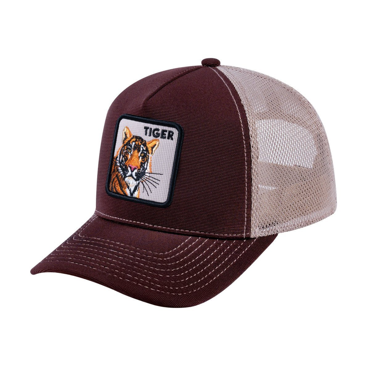 Tiger V2 5-Panel Trucker Hat with Dark Brown front and Khaki back