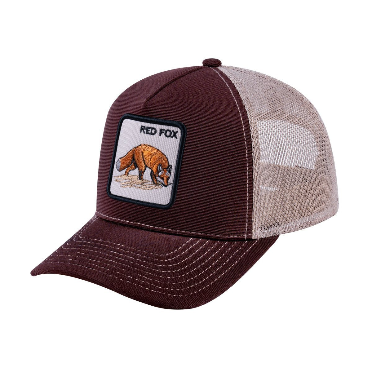 Red Fox V2 5-Panel Trucker Hat with Dark Brown front and Khaki back