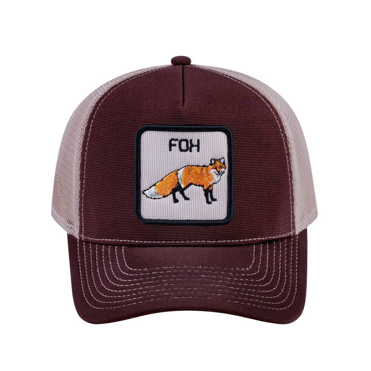 Fox V2 5-Panel Trucker Hat with Dark Brown front and Khaki back