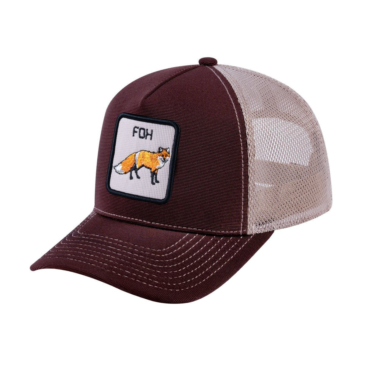 Fox V2 5-Panel Trucker Hat with Dark Brown front and Khaki back