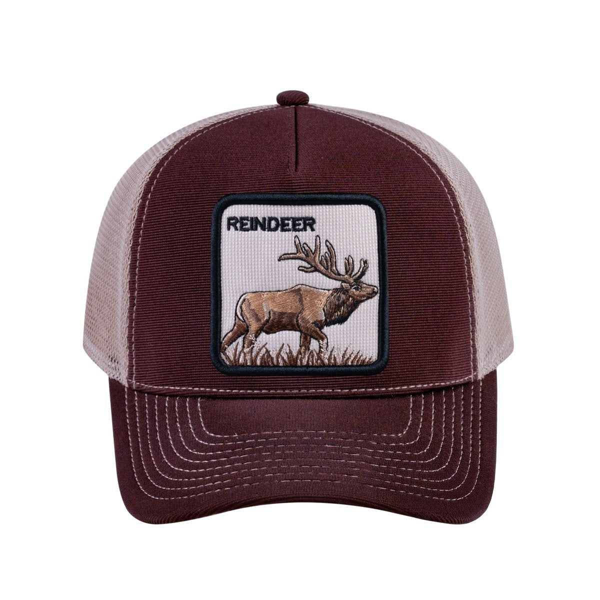 Reindeer V2 5-Panel Trucker Hat with Dark Brown front and Khaki back