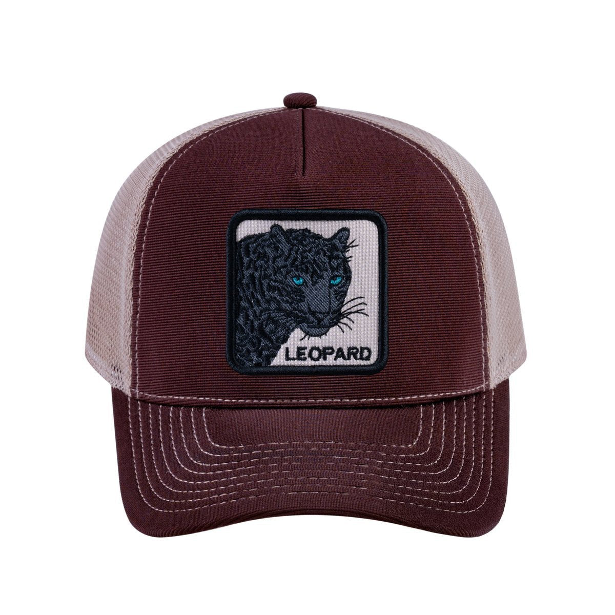 Leopard V2 5-Panel Trucker Hat with Dark Brown front and Khaki back