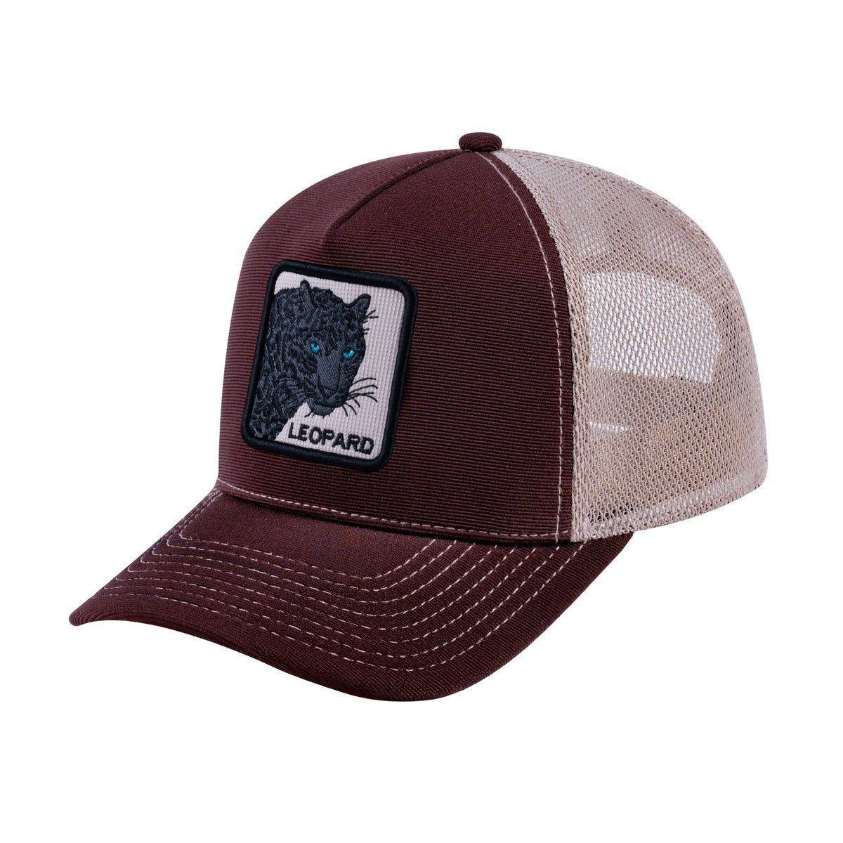 Leopard V2 5-Panel Trucker Hat with Dark Brown front and Khaki back