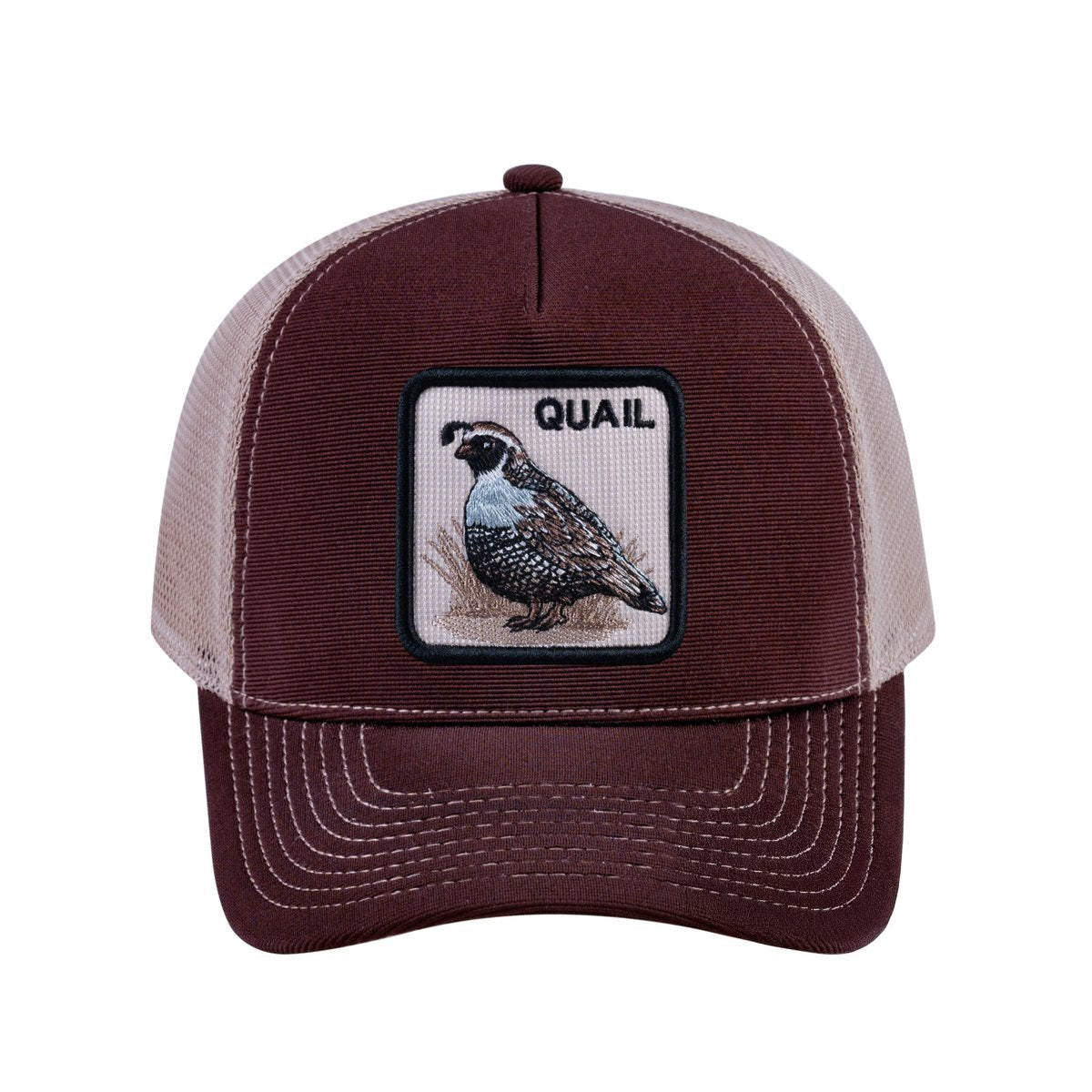 Quail V2 5-Panel Trucker Hat with Dark Brown front and Khaki back