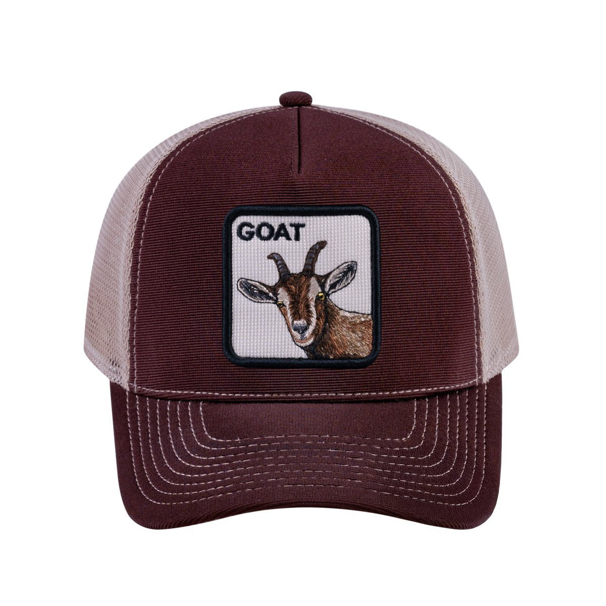 Goat V2 5-Panel Trucker Hat with Dark Brown front and Khaki back