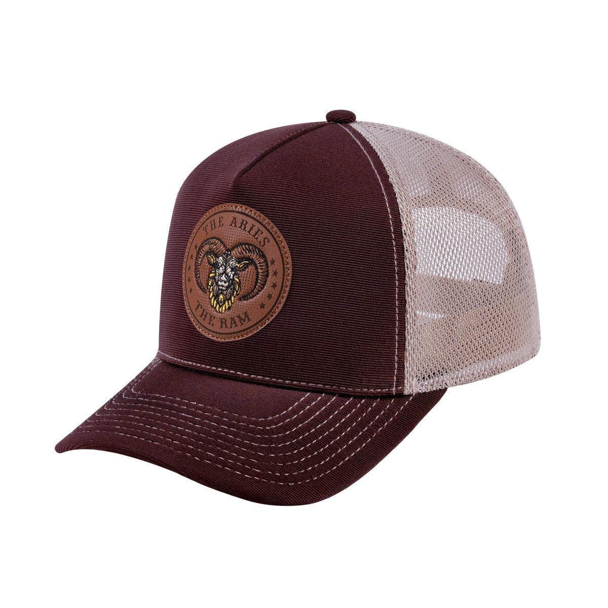 Aries Zodiac V2 5-Panel Trucker Hat with Dark Brown front and Khaki back