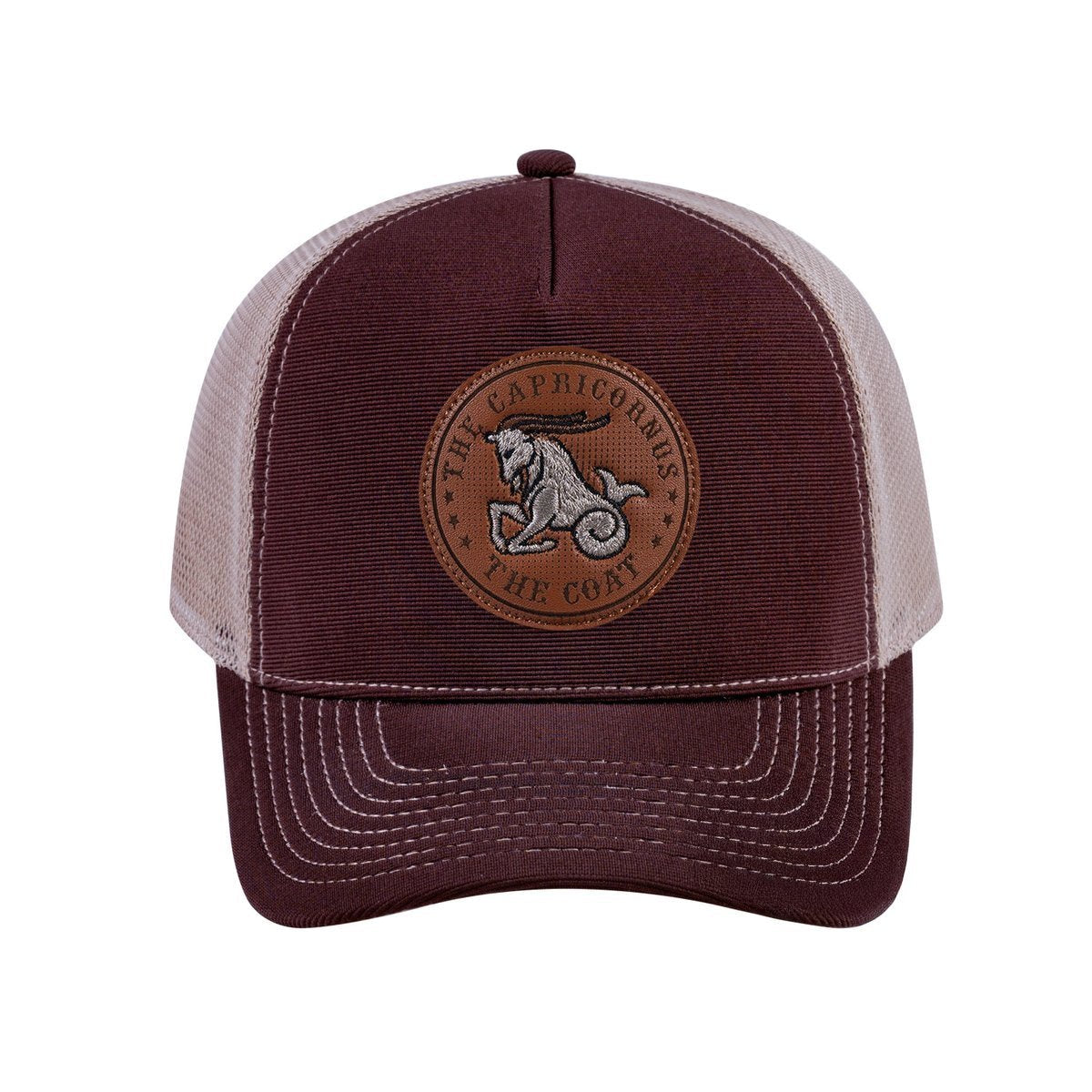 Capricorn Zodiac V2 5-Panel Trucker Hat with Dark Brown front and Khaki back