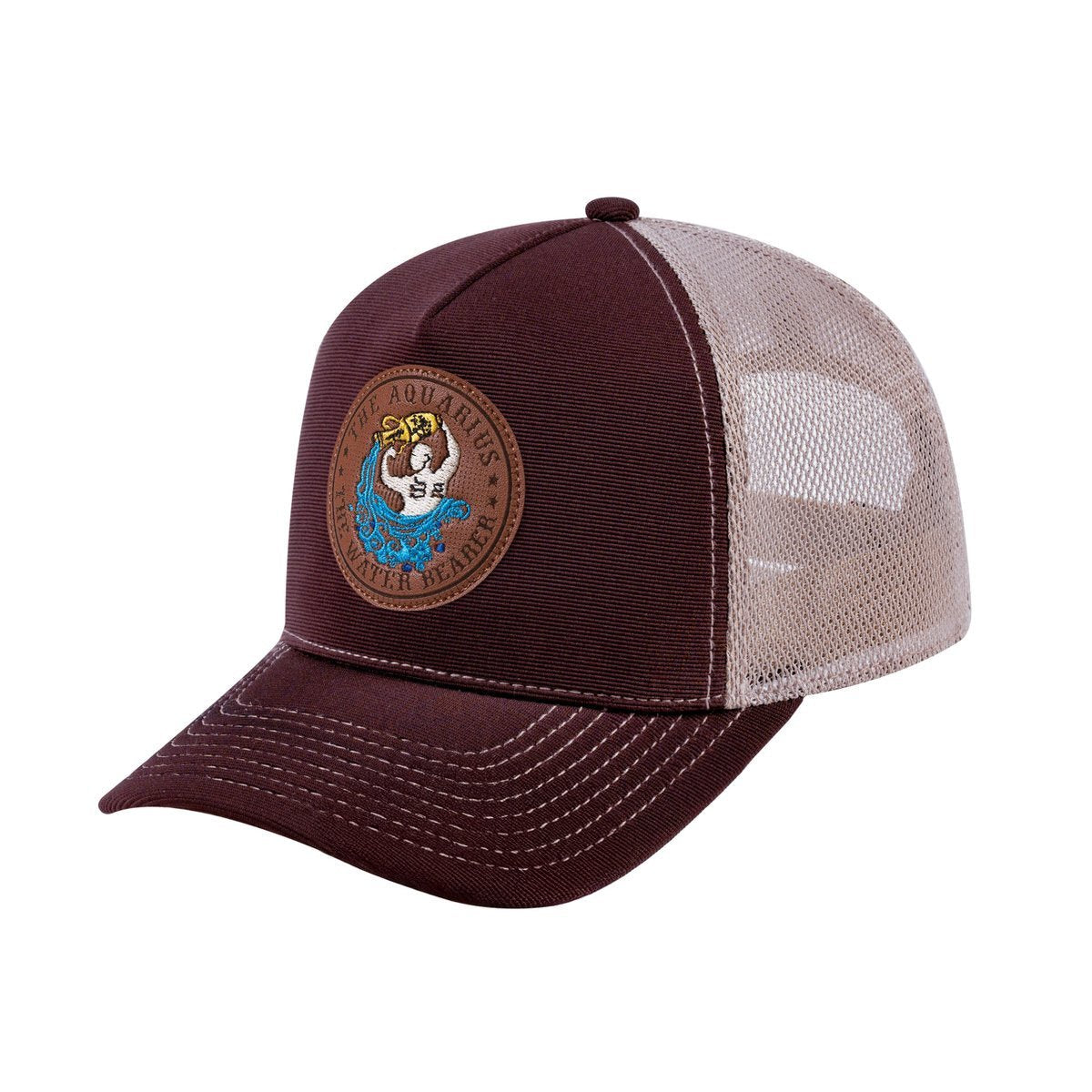 Aquarius Zodiac V2 5-Panel Trucker Hat with Dark Brown front and Khaki back