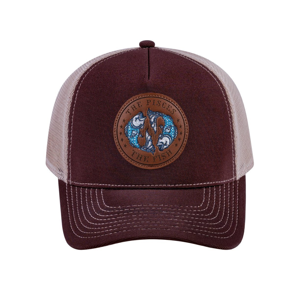 Pisces Zodiac V2 5-Panel Trucker Hat with Dark Brown front and Khaki back